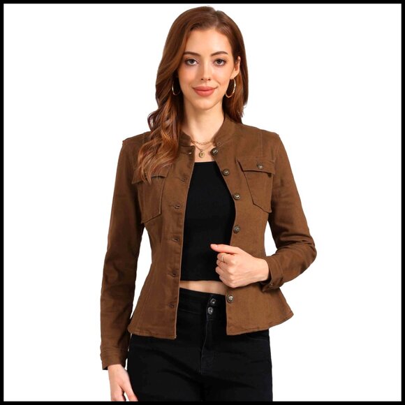 Casual Denim Jacket Long Sleeve Button Front Stand Collar XS